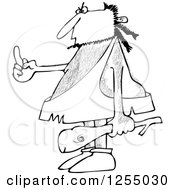 Clipart Of A Black And White Hairy Caveman Holding A Club And Flipping The Bird Royalty Free Vector Illustration