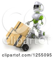 Clipart Of A 3d White And Green Robot Moving Boxes On A Dolly Royalty Free Illustration