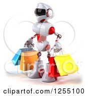 Clipart Of A 3d White And Red Robot Carrying Shopping Bags Royalty Free Illustration