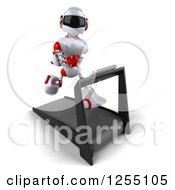 Clipart Of A 3d White And Red Robot Running On A Treadmill Royalty Free Illustration