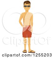 Happy Caucasian Summer Man In Swim Trunks And Sunglasses