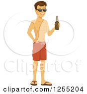 Happy Caucasian Summer Man In Swim Trunks And Sunglasses Holding A Beer