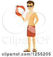 Happy Caucasian Summer Man In Swim Trunks And Sunglasses Holding A Beach Ball