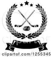 Poster, Art Print Of Black And White Laurel Wreath With Hockey Sticks And A Puck Over A Blank Banner
