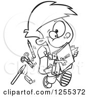 Clipart Of A Black And White School Boy Running With His Accessories Royalty Free Vector Illustration