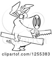 Clipart Of A Black And White Carpenter Pig Holding Lumber And A Saw Royalty Free Vector Illustration