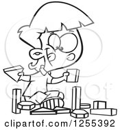 Clipart Of A Black And White School Girl Playing With Manipulatives Blocks Royalty Free Vector Illustration