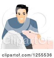 Poster, Art Print Of Happy Black Haired Man Holding Wool Petting A Sheep
