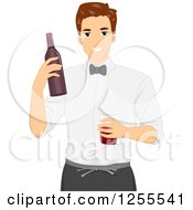 Poster, Art Print Of Brunette White Man Bartender Holding A Bottle And Glass