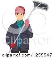 Poster, Art Print Of Young Man In Winter Clothes Holding A Roof Rake