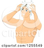 Poster, Art Print Of Muscular White Man Shampooing His Hair