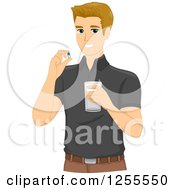 Poster, Art Print Of Blond White Man Taking A Pill And Holding Water
