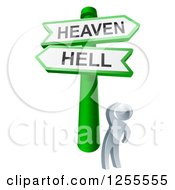Poster, Art Print Of 3d Silver Man Looking Up At Heaven Or Hell Arrow Signs