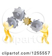 3d Gold Men Connecting Two Giant Gear Cogs