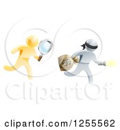 Poster, Art Print Of 3d Gold Detective Chasing A Silver Robber With A Magnifying Glass