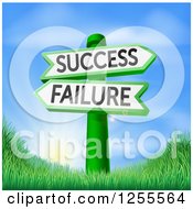 Clipart Of 3d Failure Or Success Signs Over Hills And A Sunrise Royalty Free Vector Illustration