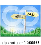 Clipart Of 3d All Or Nothing Signs Over Hills And A Sunrise Royalty Free Vector Illustration
