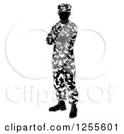 Black And White Silhouetted Army Soldier Standing With Folded Arms