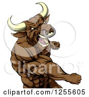Clipart Of A Tough Brown Bull Or Minotaur Mascot Punching Royalty Free Vector Illustration by AtStockIllustration