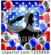 Silhouetted Male Military Veteran Saluting Over An American Flag And Balloons