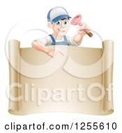 Poster, Art Print Of Brunette Male Plumber Holding A Plunger And Pointing Down At A Scroll Sign