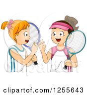 Clipart Of Brunette And Red Haired White Girls Giving High Fives With Tennis Gear Royalty Free Vector Illustration by BNP Design Studio