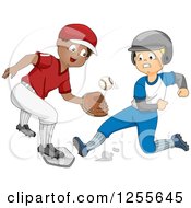 Poster, Art Print Of White And Black Boys Playing Baseball One Sliding For Home And One Catching A Ball