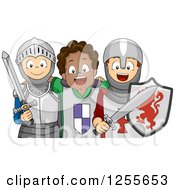 Clipart Of Happy White And Black Boys Pretending To Be Knights Royalty Free Vector Illustration