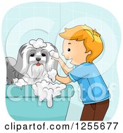 Poster, Art Print Of Happy White Boy Bathing His Dog