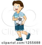 Poster, Art Print Of Happy Brunette White Boy Carrying A Soccer Ball