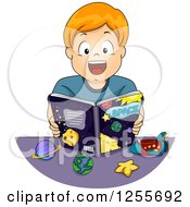 Poster, Art Print Of Excited White Boy Reading An Astronomy Book