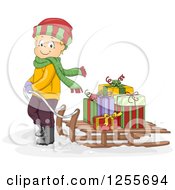 Poster, Art Print Of Blond White Boy Pulling Christmas Gifts On A Sled