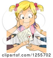 Clipart Of A Blond White Girl Looking Up At Her Proud Parents With A Good Report Card Royalty Free Vector Illustration