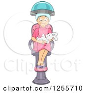 Happy Whiet Girl Holding A Stuffed Rabbit And Sitting In A Salon Dryer