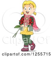 Happy Blond White Girl Holding Christmas Poinsettias