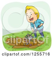 Blond White Man Shoveling Scraps Into A Compost Pit