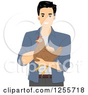 Poster, Art Print Of Happy Black Haired Man Holding A Hen