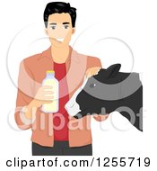 Poster, Art Print Of Happy Black Haired Man Holding A Bottle Of Milk And Petting A Cow