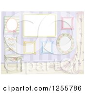 Clipart Of A Shabby Chic Room With A Chair Drapes And Frames Royalty Free Vector Illustration