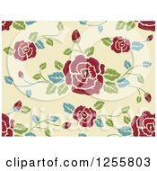 Poster, Art Print Of Seamless Background Pattern Of Red Roses On Pastel Green