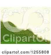 Clipart Of A Background Of Patterned Green Mountains Under A Sky With Clouds Royalty Free Vector Illustration