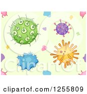 Poster, Art Print Of Green Seamless Background Pattern With Colorful Bacteria