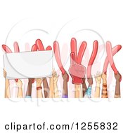 Clipart Of Hands Of Party Goers With Foam Fingers And Balloons With A Sign Royalty Free Vector Illustration
