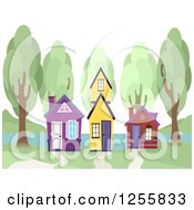 Poster, Art Print Of Three Colorful Small Houses And Trees On A Lake