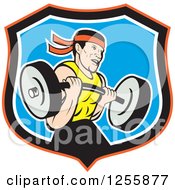 Poster, Art Print Of Cartoon Male Bodybuilder Working Out With A Barbell In A Shield