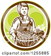 Poster, Art Print Of Retro Woodcut Female Farmer Holding A Basket Of Produce In A Circle