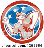 Clipart Of A Retro Male Baseball Player Pitching In An American Circle Royalty Free Vector Illustration