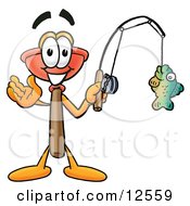 Clipart Picture Of A Sink Plunger Mascot Cartoon Character Holding A Fish On A Fishing Pole