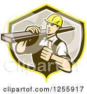 Retro Male Carpenter Holding A Thumb Up And Carrying Lumber In A Shield