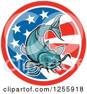 Poster, Art Print Of Cartoon Catfish Over An American Flag Circle